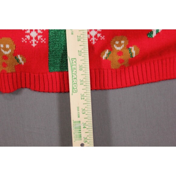 Holiday Time Christmas Long Cardigan Vest Embroidered Red Green Bells Sz S - Picture 8 of 10